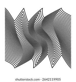 Folded stripe shape. Curved 3D pattern. Vector wave illusion. Grey background contrast.