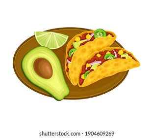 Folded Taco of Corn Tortilla with Savory Filling of Forced Meat and Condiments as Traditional Mexican Dish Vector Illustration