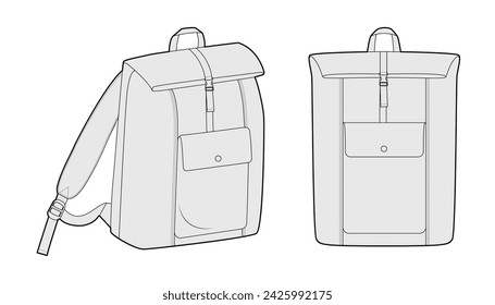 Folded Top backpack silhouette bag. Fashion accessory technical illustration. Vector schoolbag front 3-4 view for Men, women, unisex style, flat handbag CAD mockup sketch outline isolated