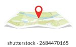 Folded topographic map with red location pin marker, isolated on white background. Topographic map with lines, geographic contour. Vector 
