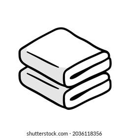 Folded towel or cloth. Stack of fabric. Line drawing. Isolated cartoon black and white illustration. Packed neat clothes