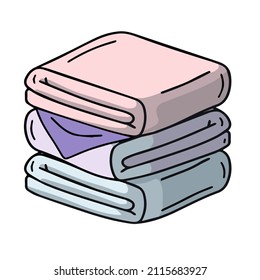 Folded towel or cloth. Stack of fabric. Line drawing. Isolated cartoon illustration in pastel colors. Outline Packed neat clothes