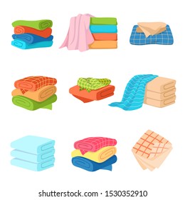 Folded towel. Soft fashion fabric cotton color towels for fresh kitchen or bath isolated cartoon isometric vector bathroom or hotel spa clean collection