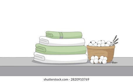 Folded towels rest on a surface beside a basket filled with natural cotton bolls and sprigs of fragrant lavender.