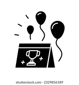 Folded trangle table sign with trophy cup symbol and flying balloons glyph icon vector. Youth and sport day vector illustration for game interface, web, graphic design, UI, and app.