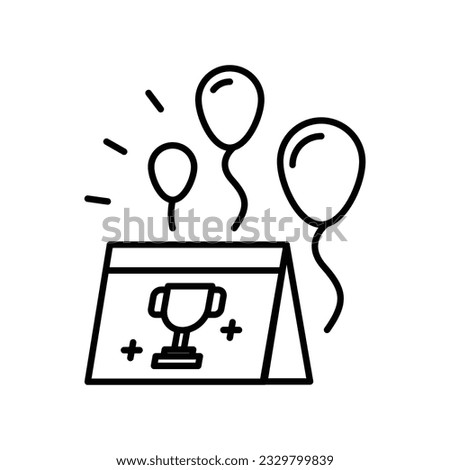 Folded trangle table sign with trophy cup symbol and flying balloons line icon vector. Youth and sport day vector illustration for game interface, web, graphic design, UI, and app.