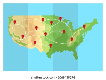 Folded travel map United States of America with point markers. Vector illustration in flat style. EPS10.