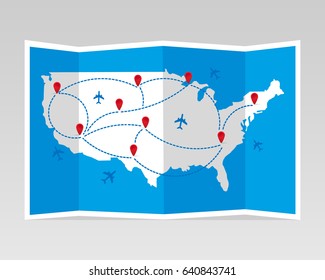 Folded travel map United States of America with airplanes. Vector illustration.