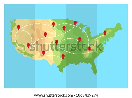 Folded travel map United States of America with point markers. Vector illustration in flat style. EPS10.