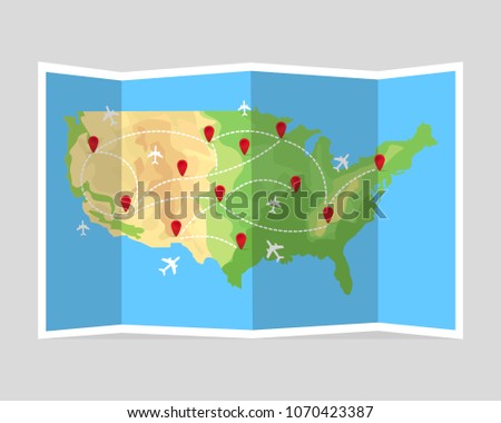 Folded travel map United States of America with airplanes and point markers. Vector illustration in flat style. EPS10.