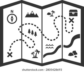 Folded treasure map featuring a dotted adventure trail, compass, mountains, islands, and hidden treasure, ideal for exploration, navigation, travel, and outdoor adventure themes