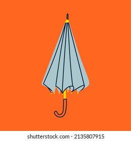 Folded Umbrella. Blue and yellow colors. Hand drawn modern Vector illustration. Cartoon minimalistic style. Icon, logo, design template. Isolated on orange background