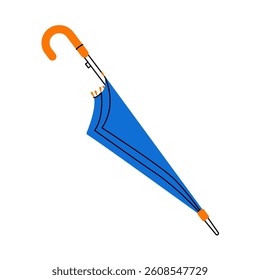 Folded umbrella cane. Rain protection umbrella accessory with handle, cartoon flat colored dome parasol, weather waterproof canopy. Vector isolated illustration.