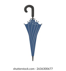 Folded umbrella cane. Rain protection umbrella accessory with handle. Flat cartoon vector illustration.