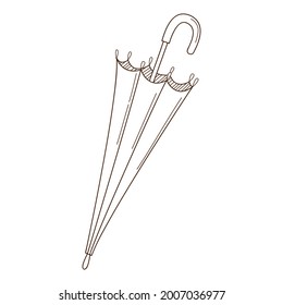Folded umbrella. Design element with outline. Autumn theme. Doodle, hand-drawn. Flat design. Black white vector illustration. Isolated on a white background