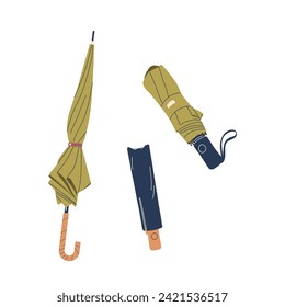 Folded Umbrella Is A Portable, Compact Device That Shields Against Rain Or Sun. It Easily Fits Into Bags, Vector
