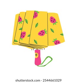 Folded umbrella yellow with cute strawberry print. Happiness in autumn rainy weather. Hand drawn color vector illustration isolated on transparent background.