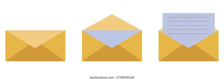 Folded and unfolded envelope backpack isolated. Yellow envelopes in different positions. Vector envelope template with writing isolated. Vector illustration.
