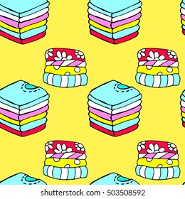 Folded washing repeat pattern vector of clean clothes stack retro cartoon doodle pop style colorful laundry heap on yellow background in blue and bright pink