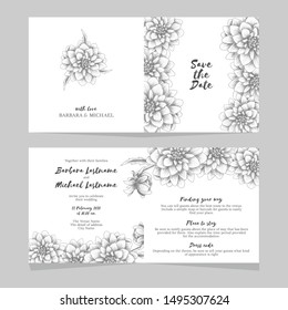 Folded wedding invitation card with hand drawn dahlia flower bouquet decoration