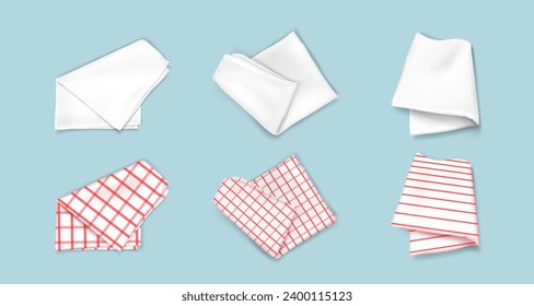 Folded white, checkered, striped kitchen towels set isolated on background. Vector realistic illustration of fabric handkerchief, tablecloth for restaurant or home design, clean linen after laundry