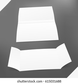 Folded white flyer, letter, brochure, leaflet with shadow on dark grey background and paper in corners