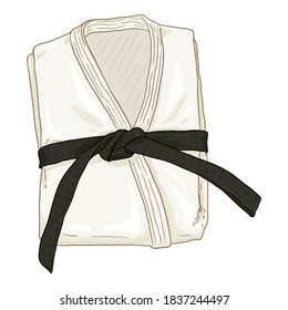 Folded White Karate Kimono with Black Belt. Vector Cartoon Gi Illustration.