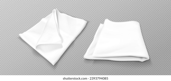 Folded white kitchen towels set isolated on transparent background. Vector realistic illustration of fabric handkerchief, tablecloth mockup for restaurant or home design, clean linen after laundry