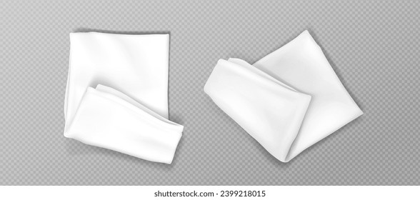 Folded white kitchen towels set isolated on transparent background. Vector realistic illustration of fabric handkerchief, tablecloth mockup for restaurant or home design, clean linen after laundry