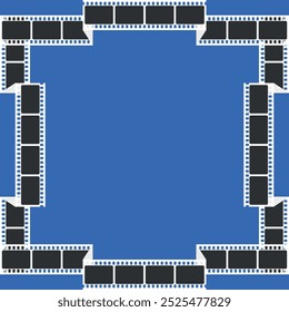 Folded white long movie film strip square frame on blue background. Vector illustration