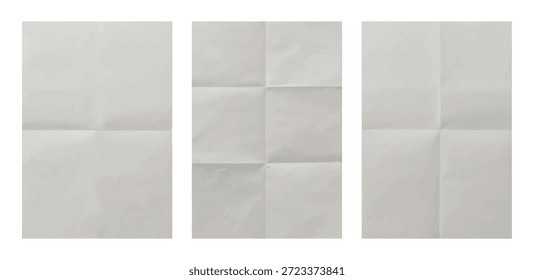 Gefaltetes weißes Papier Textur-Set, saubere gefaltete Blatt-Hintergründe, weiche graue Schatten, minimale realistische Oberfläche isoliert