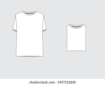 folded white t-shirt, front and folded, technical flat sketches of garments with vector illustration.