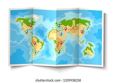Folded world map with destination pointer pins. Global navigation map background with continents for travelling, tourism design. Vector cartographic symbol, discovery territory exploration.