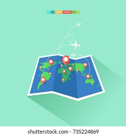 Folded world map with flying airplanes. Around the world traveling concept. Vector illustration.