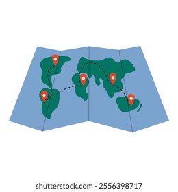 a folded world map with green continents, red location markers, and dotted lines connecting points, representing travel routes or destinations.