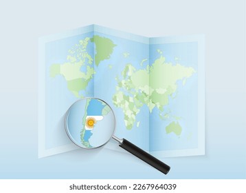 A folded world map with a magnifying lens pointing towards Argentina. Map and flag of Italy in loupe. Vector illustration in blue color tone.
