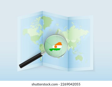 A folded world map with a magnifying lens pointing towards Niger. Map and flag of Italy in loupe. Vector illustration in blue color tone.