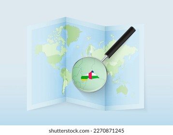 A folded world map with a magnifying lens pointing towards Central African Republic. Map and flag of Italy in loupe. Vector illustration in blue color tone.