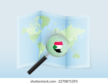 A folded world map with a magnifying lens pointing towards Sudan. Map and flag of Italy in loupe. Vector illustration in blue color tone.