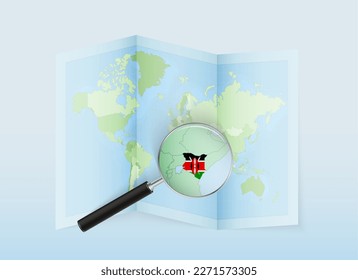 A folded world map with a magnifying lens pointing towards Kenya. Map and flag of Italy in loupe. Vector illustration in blue color tone.