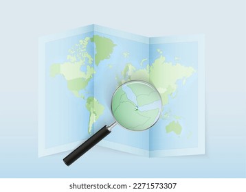A folded world map with a magnifying lens pointing towards Djibouti. Map and flag of Italy in loupe. Vector illustration in blue color tone.