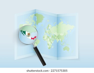 Un mapa del mundo doblado con una lente de aumento apuntando hacia México. Mapa y bandera de Italia en lupa. Ilustración vectorial en tono de color azul.