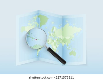 A folded world map with a magnifying lens pointing towards Haiti. Map and flag of Italy in loupe. Vector illustration in blue color tone.