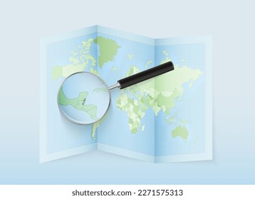 A folded world map with a magnifying lens pointing towards Belize. Map and flag of Italy in loupe. Vector illustration in blue color tone.