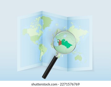 A folded world map with a magnifying lens pointing towards Turkmenistan. Map and flag of Italy in loupe. Vector illustration in blue color tone.