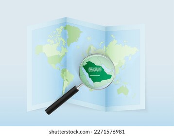 A folded world map with a magnifying lens pointing towards Saudi Arabia. Map and flag of Italy in loupe. Vector illustration in blue color tone.