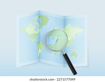 A folded world map with a magnifying lens pointing towards Lebanon. Map and flag of Italy in loupe. Vector illustration in blue color tone.