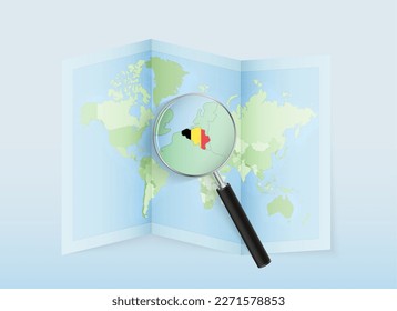 A folded world map with a magnifying lens pointing towards Belgium. Map and flag of Italy in loupe. Vector illustration in blue color tone.