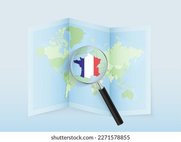 A folded world map with a magnifying lens pointing towards France. Map and flag of Italy in loupe. Vector illustration in blue color tone.