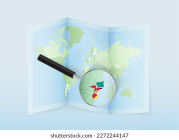 A folded world map with a magnifying lens pointing towards Mozambique. Map and flag of Italy in loupe. Vector illustration in blue color tone.